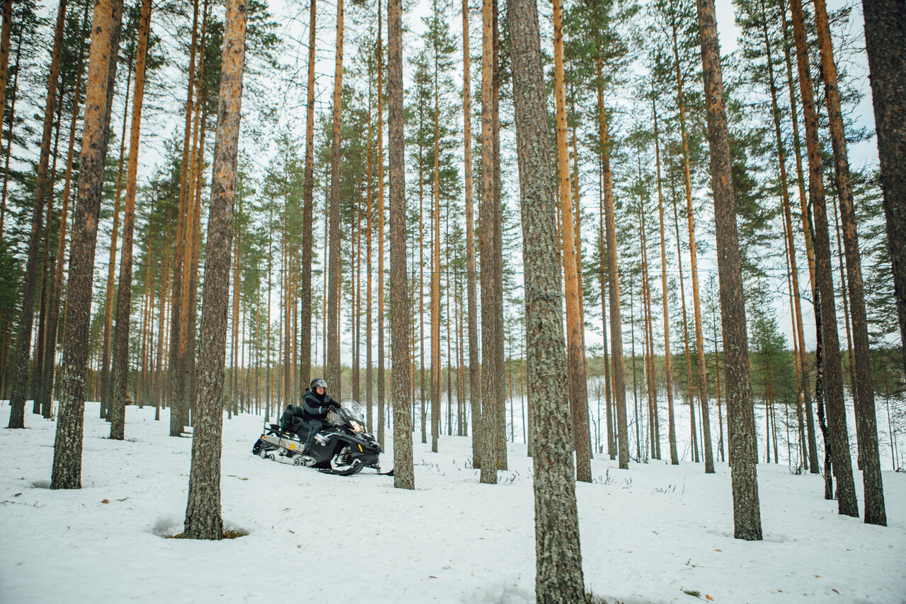 Mies nauttii vauhdikkaasta moottorikelkkailusta talvisessa metsämaisemassa Oulujärven alueella.